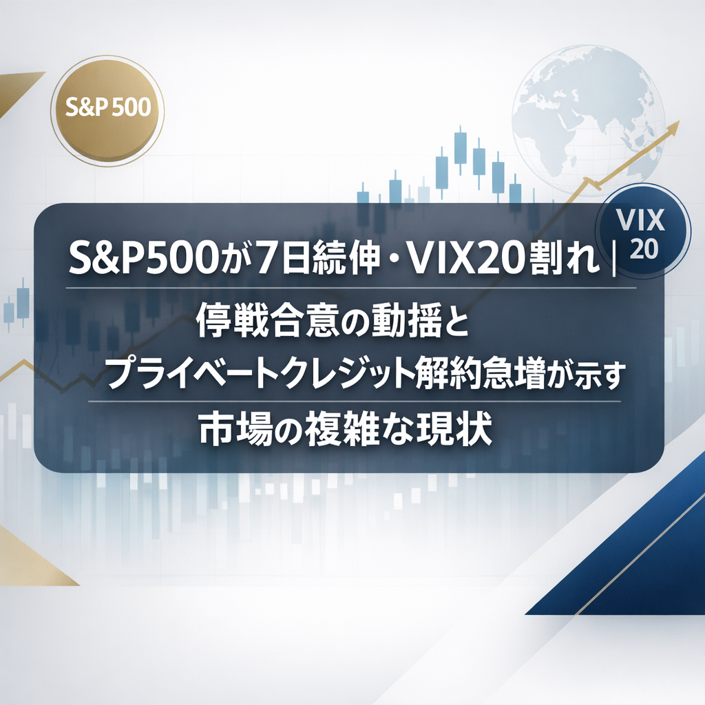 S&P500が7日続伸・VIX20割れ｜停戦合意の動揺とプライベートクレジット解約急増が示す市場の複雑な現状