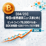 【04/23】今日の仮想通貨ニュースまとめ｜ビットコイン78,000ドル台・80K射程圏・GSRアクティブETF登場