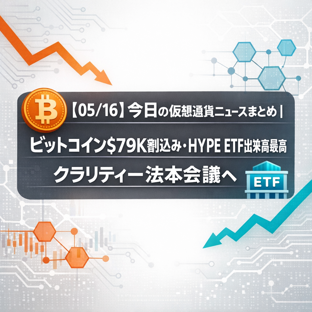 【05/16】今日の仮想通貨ニュースまとめ｜ビットコイン$79K割込み・HYPE ETF出来高最高・クラリティー法本会議へ