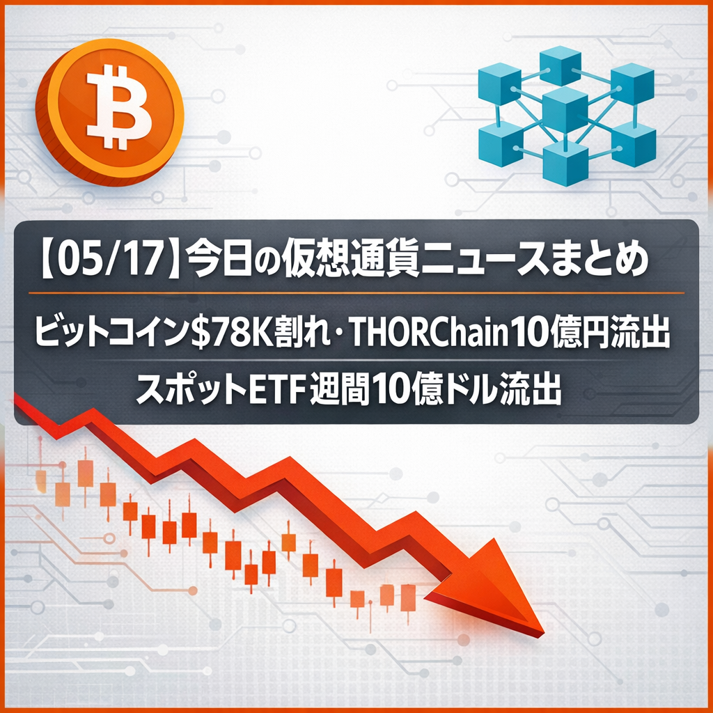 【05/17】今日の仮想通貨ニュースまとめ｜ビットコイン$78K割れ・THORChain10億円流出・スポットETF週間10億ドル流出