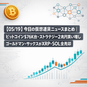 【05/19】今日の仮想通貨ニュースまとめ｜ビットコイン$76K台・ストラテジー2兆円買い増し・ゴールドマン・サックスがXRP・SOL全売却