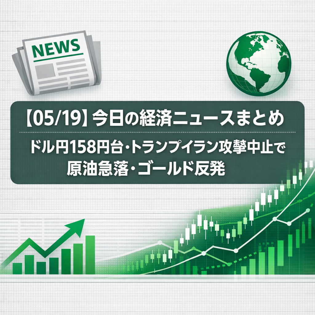 【05/19】今日の経済ニュースまとめ｜ドル円158円台・トランプイラン攻撃中止で原油急落・ゴールド反発