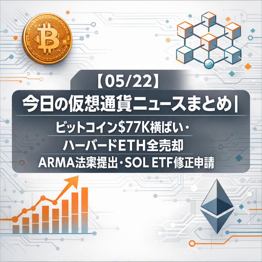 【05/22】今日の仮想通貨ニュースまとめ｜ビットコイン$77K横ばい・ハーバードETH全売却・ARMA法案提出・SOL ETF修正申請