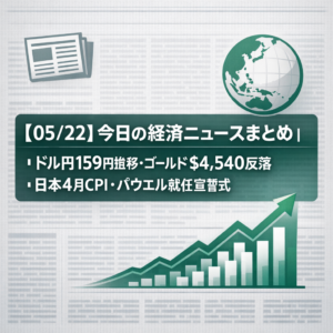 【05/22】今日の経済ニュースまとめ｜ドル円159円推移・ゴールド$4,540反落・日本4月CPI・パウエル就任宣誓式