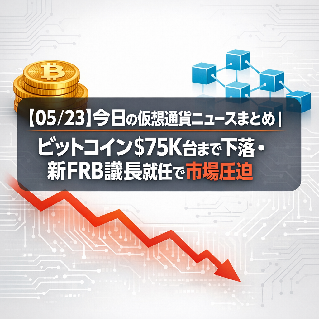 【05/23】今日の仮想通貨ニュースまとめ｜ビットコイン$75K台まで下落・新FRB議長就任で市場圧迫