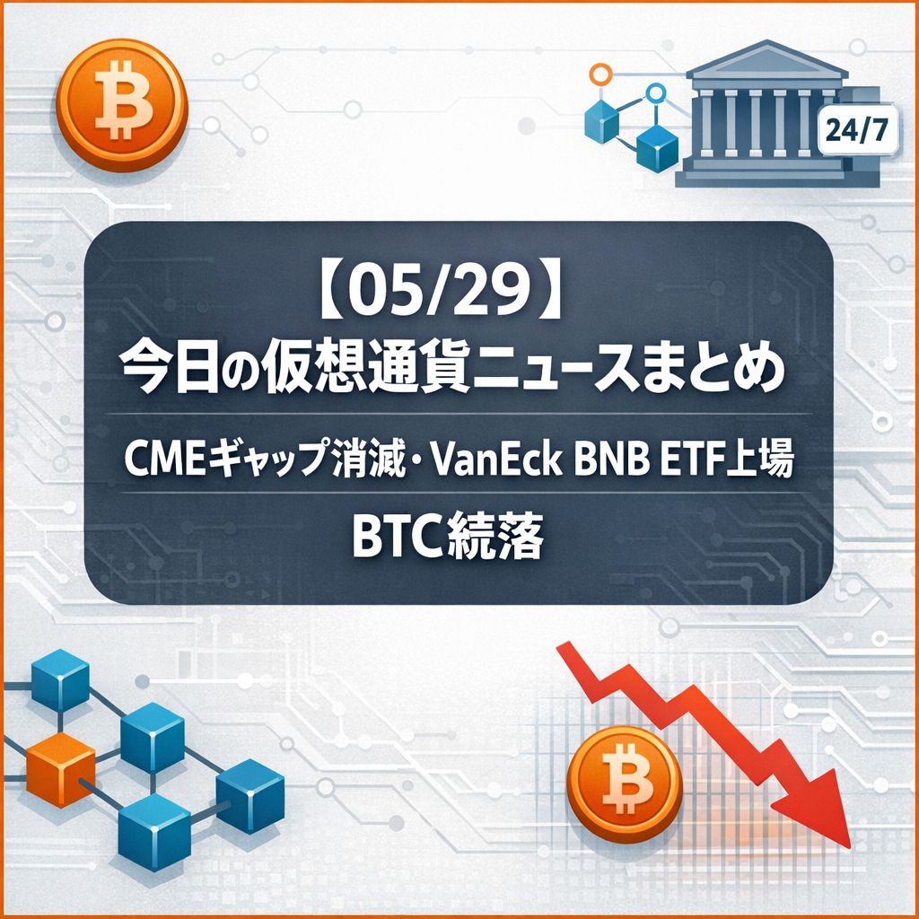 【05/29】今日の仮想通貨ニュースまとめ｜CMEギャップ消滅・VanEck BNB ETF上場・BTC続落