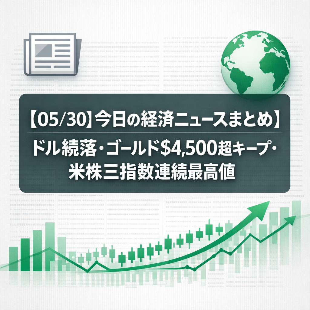 【05/30】今日の経済ニュースまとめ｜ドル続落・ゴールド$4,500超キープ・米株三指数連続最高値