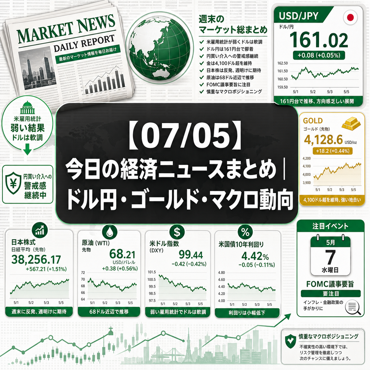 【07/05】今日の経済ニュースまとめ｜ドル円・ゴールド・マクロ動向